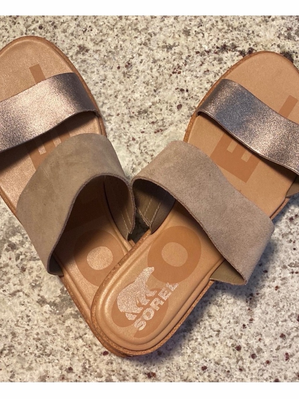 Sorel Women's Two-Band Slide Sandals in Taupe and Metallic
